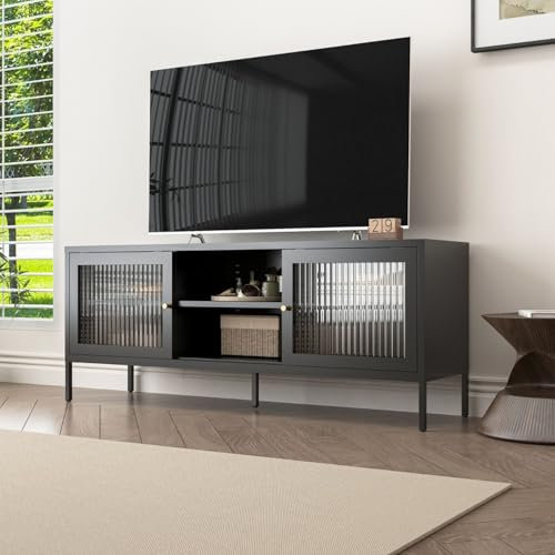 Modernes Sideboard 'Tokio' Schwarz - Praktisches Lowboard für Wohn- oder Schlafzimmer - Metall TV-Schrank mit Regalablage und schiebbaren Glastüren - Kommode für Fernseher, HiFi, Bücher, Dekoration