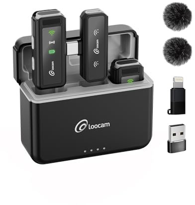 Loocam Micro Cravate sans Fil avec Étui de Charge, Réduction du Bruit en Un Clic, 48KHz, Transmission de 131FT, Type C/Lightning/USB-A, Plug & Play, Microphone Lavalier pour iPhone/Android/PC
