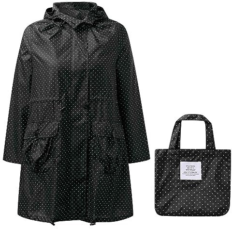 Womens Casual Waist Jacket Polka Dot Long Sleeve Rain Jacket Packable Portable Trench Coat with Pouch Button Down Lightweight Coat Travel Waterproof Jacket Black