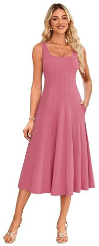 GRACE KARIN Robe Cocktail Femme Chic Longue Mi-Mollet Col Carré sans Manches Fermeture Éclair Cachée Rose Moyen XL