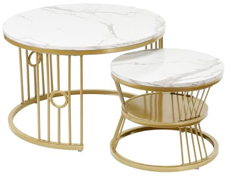 MISNODE 2 runde Couchtische mit Metallgestell, Marmorplatte, für Wohnzimmer, Schlafzimmer, Büro (Weiß)