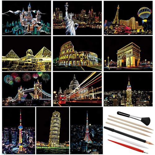 Architektur-Kratzmal Set für Stadtlandschaften, 12 Blätter Urban Scratch Paper mit Werkzeug Set, Beschichtete Bunte Kratzpapier für DIY-Basteleien Heimdekoration Kunstprojekte