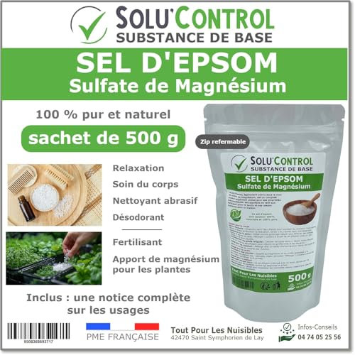 Sel d'Epsom 500 g - Solu'Control - Sulfate de Magnésium 100% Pur et Naturel - Relaxation, Soin du Corps, Déodorant, Fertilisant et Apport en Magnésium pour Plantes - Sachet avec Zip Refermable