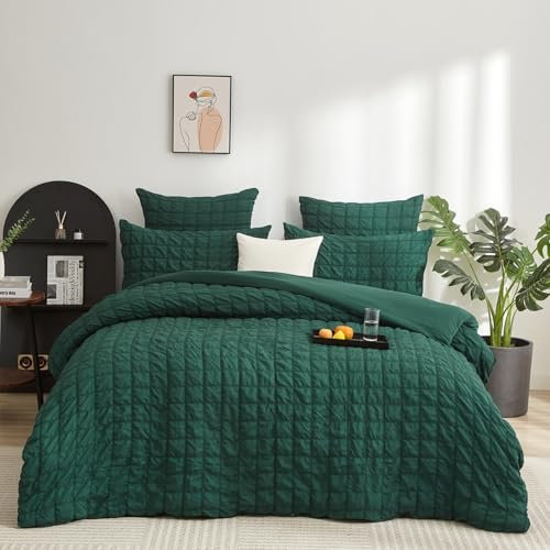 Gezu Seersucker Housse de Couette 220x240cm Vert Gaufré Carreaux Structuré Parure de lit 2 Personnes Adulte Set de Housse Couette en Doux Microfibre avec 2 Taie d'oreiller 65x65 avec Fermeture Éclair
