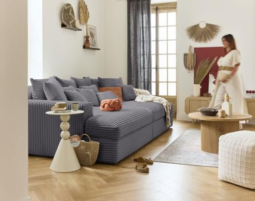 Lisa Design Collins - einzelsofa 4-Sitzer mit Doppelbett récamiere - Tiefe Sitzfläche - grob Gerippter Velours Grau