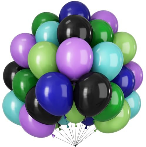 Black Purple Green Blue Balloons, 60pcs 12Inch Black and Green Blue Purple Balloons, for Video Game Men Birthday Game Night Party Decorations