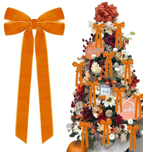 12Pcs Fall Velvet Ribbon Bows Tree Decorations,5in x 10in Orange Christmas Ornaments for Tree Home Thanksgiving Party Front Door Wreath Holiday Decor