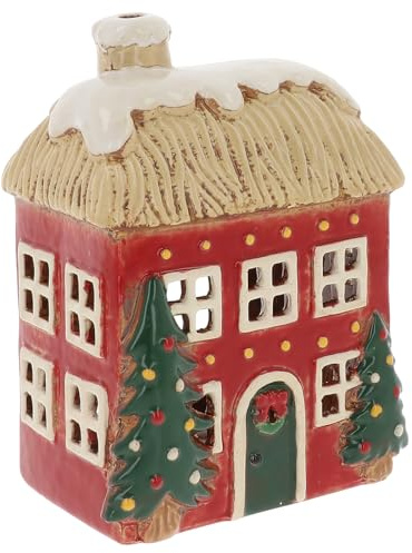 Shudehill Giftware Christmas Village Ceramic Tealight Houses, Red and White Xmas designs, plenty of designs to choose from (Thatched Roof)
