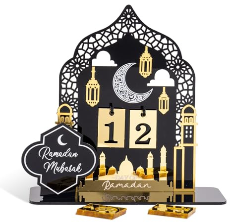 DIYOOHOMY 2026 Ramadan Adventskalender aus Acryl, Schwarz-Gold Mond Laternen Burg Tischdeko, Eid Mubarak Geschenke für Kinder und Familie, Islamische Muslimische Ramadan Dekoration für Zuhause Party