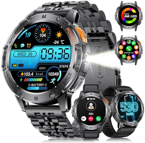 LIGE Military Smart Watch for Men (3 Straps) - LED Flashlight,1.43'' AMOLED Display Fitness Tracker, 24-Hour Health Monitor, 100+ Sports Modes, Smart Watch for iOS Android, Black Leather