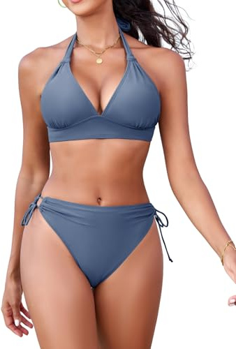 FemiChic push up bikini dam set triangel topp med knut detalj sträng nackhållare bikinitop för stora bröst avtagbara dynor baddräkt retro sport, blå, L