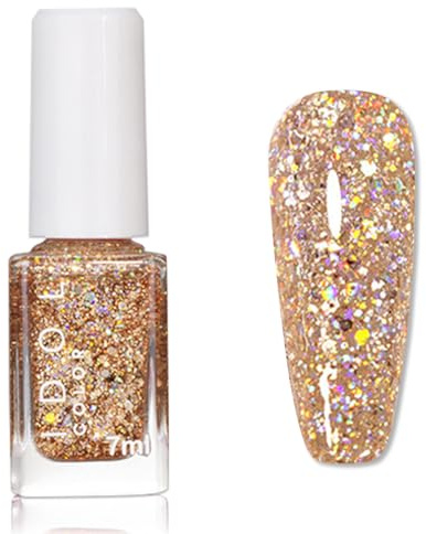 Gold Nail Polish - Glitter Nail Varnish - Shimmer Iridescent nail Polish - 60 Seconds Nail Varnish Quick Dry - No Bake Sparkly Top Coat Air Drying Breathable Long Lasting for Women Manicure