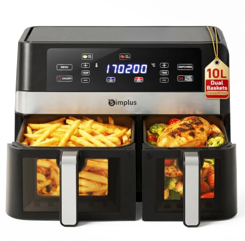 SIMPLUS Air Fryer Double Compartiment 10L, 11 programmes, Noir | Grande Capacité, Friteuse Sans Huile, Double Tiroir, 1800W, Friteuse à Air Chaud, Fenêtre Visible, 80% d'énergie en moins