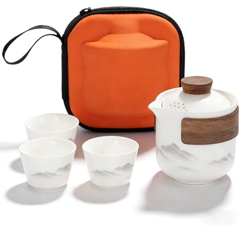 BAIFULAI Juego de té chino Gongfu: juego de té de cerámica portátil con 1 tetera (200 ml) y 3 tazas (45 ml), juego de té de porcelana con bolsa de viaje para picnic al aire libre, viajes, hogar