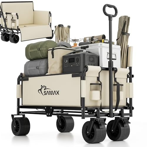 SAMAX Bollerwagen bis 200kg - 2in1 mit Bank - Faltbarer Handwagen Gartenwagen Strandwagen - Klappbar Offroad Transportwagen - Festival Edition in Beige