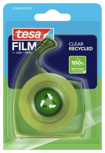 tesa Clear Recycled Tape, Transparent - 1 Roll 33m x 19mm + Hand Dispenser | Tear-resistant transparent film with strong adhesion - solvent-free and resistant to ageing - supplied with handheld cutter