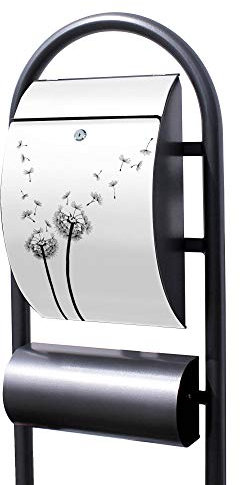 Banjado® Stand Briefkasten in Hammerschlag-Optik in Größe 150x47x22cm mit Motiv Pusteblume 2 - Briefkasten mit Standfuß/Postkasten freistehend als Standbriefkasten mit Zeitungsfach