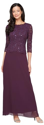 Alex Evenings Women's 3/4 Sleeve Stretch Lace Bodice One Piece Mother of The Bride Dress Special Occasion, Deep Plum, 12 Petite