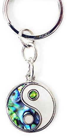 Schlüsselanhänger Yin Yang 3,5 cm silber, Paua Muschel Abalone Perlmutt blau grün rosa, Glücksbringer Talisman Feng Shui