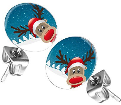 Mianova Ohrringe Stecker Rund Klein Ohrstecker Runde Platte Silber mit Winter Weihnachts Motiv Rentier in Winterlandschaft