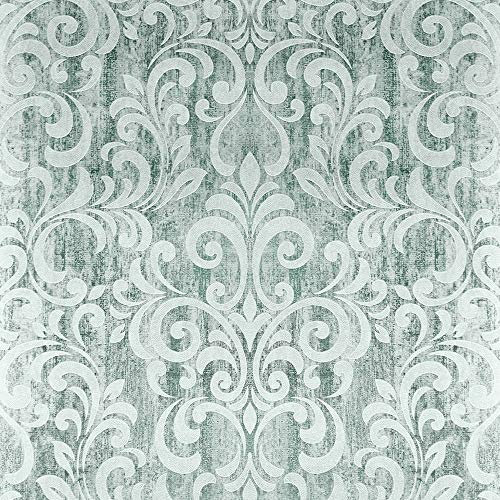 Muriva Mara Damask Duck Egg Wallpaper 701533 - Foil Vinyl Reflective Shimmer