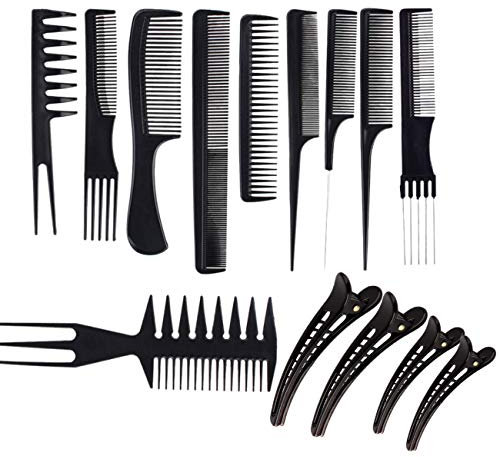 JZK Set de 10 peines profesional y 4 clips para el pelo - peine de salón antiestático peluquería peines para estilista de salón peluquero peluquero