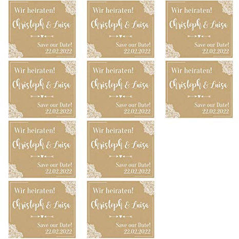 Herz & Heim® Kühlschrankmagnete 10 Stück - Save The Date - Bedruckt mit Namen und Datum Vintage