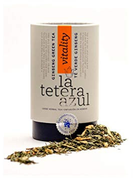 LA TETERA AZUL Premium japanischer Sencha-Grüntee mit Zitrone, Süßholz und Ginseng. Ginseng Grüner Tee. Bulk-Flasche von 120 Gramm für 48 Infusionen.