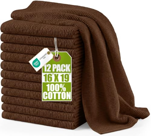 Utopia Towels Ribbed Kitchen Bar Mops, 12 Pack, 16x19 in, Cotton, Brown | Multi-Purpose 100% Cotton Ribbed Bar Mop Towels - Super Absorbent, Durable, Lint-Free, Ideal for Home & Kitchen Bars