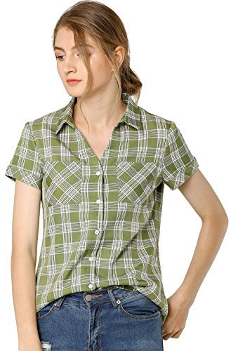 Allegra K Damen Baumwolle Classic Button Down Western Plaid Shirt, lichtgrün, Groß