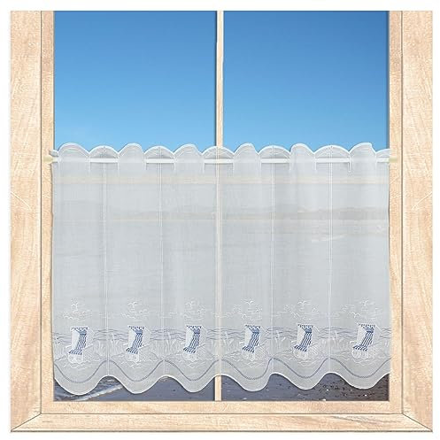 atelier alles-Spitze Scheibengardine Am Meer | Maritim in blau-weiß bestickte Kurzgardine | Ideal als Badgardine geeignet| Höhe x Breite: 55 x 64 cm
