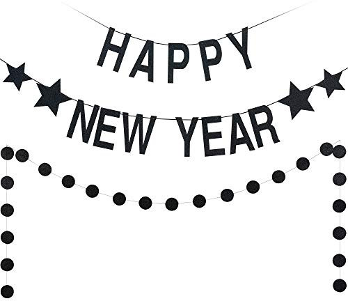 Schwarzes glitzerndes Banner und Kreis-Punkt-Girlande, Silvester-Partyzubehör 2022, Happy New Year Dekorationen 2022, NYE Dekorationen 2022, Prost auf 2022, Neujahrs-Party-Dekorationen
