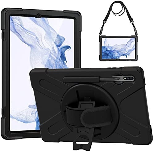 Gerutek Funda Anticaída para Samsung Galaxy Tab S9 FE+ Plus 2023/S9+ Plus/S8 Plus 2022/S7 Plus/S7 FE (12.4 Pulgadas), Carcasa Rugosa con Soporte Giratorio, Correa de Mano/Hombro, Portalápices, Negro