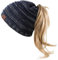 Bequemer Laden Damen Winter Warm Beanie Mütze mit Zöpfen Loch Loop Wintermütze Strickmütze mit Fleece Gefütterte (Ohne Perücke),Einheitsgröße,Dunkelblau