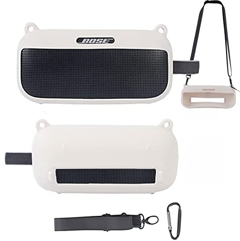 Palumma Silicone Case Cover for Bose SoundLink Flex Waterproof Portable Wireless Bluetooth Speaker Protective Sleeve with Carabiner and Adjustable Shoulder Strap(White)