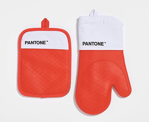 Pantone - Set da Cucina Composto da Guanto da Forno + Presina, in Cotone con Grip Antiscivolo in Silicone - Utili Accessori Cucina Resistenti al Calore fino a 250°C - Bianco/Rosso