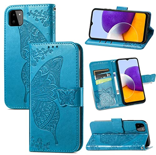 Roar Handyhülle für Samsung Galaxy A22 5G Hülle Flip Case Türkis | Hochwertige PU Leder Handy Hülle im Schmetterling & Blumen Design: 3 Kartenfächer, Geldfach, Magnetverschluss, Stoßfest