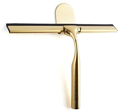 HFRYPShop - Raclette de douche en acier inoxydable doré - Squeegee de salle de bain large - En silicone de qualité supérieure - Avec support sans perçage - Pour douche, salle de bain