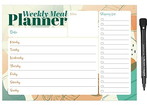 Magnetic A4 Weekly Meal Planner and Shopping List for Fridge, Whiteboard or Office with Dry Erase Abstract Design - Get Organised and Reduce Stress