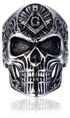 PikaLF Masonic Skull Rings for Men, Stainless Steel Freemason Skull Ring, Cool Vampire Skull Ring Halloween Biker, Gothic Demon Skull Head Ring, Vintage Punk Skull Jewelry Gift for Men Boys (O)