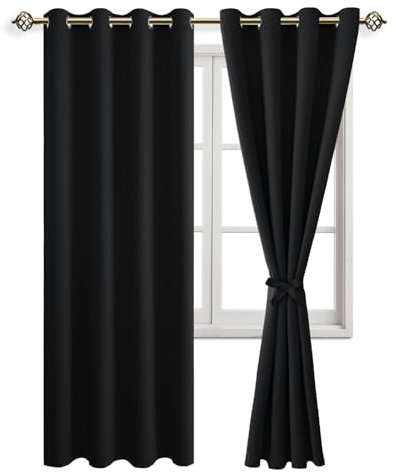 JIUZHEN Gardinen Blickdicht Vorhang mit Raffhalter Verdunklungsvorhänge Ösen Thermovorhang Kälteschutz Gardinen Wohnzimmer Ösenschal Vorhang Wärmeisolierend, Schwarz, 2 Stück, 228x140cm(HxB)