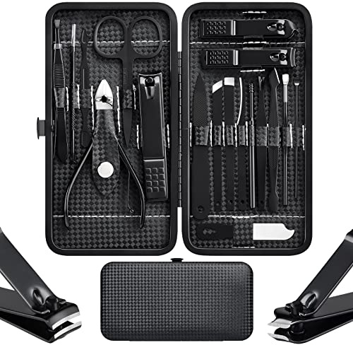 Cater Manicure Nail Clippers Pedicure Set - Stainless Steel Manicure, Professional Grooming Kit, Nail Care Tools with Luxurious Travel Case (18pcs-Black)