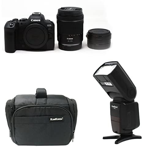KamKorda Camera Bag + Flash + R6 Mark II Mirrorless Digital Camera Body + RF 24-105 f/4-7.1 IS STM Lens + R Mount Adapter, 24.2MP Full-Frame CMOS Sensor, 4K60 10-Bit Internal Video + 2 Year Warranty