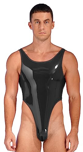 FEESHOW Herren Wetlook Body Unterhemd Männer Body Sexy Bodysuit Lack Leder Overall Stringbody Ouvert Unterwäsche