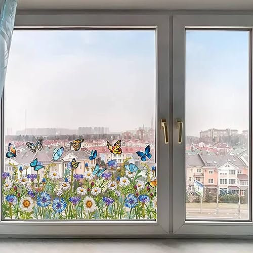 GORGECRAFT 118x39cm Floral Window Decals Green Grass Daisy Flowers Butterfly Window Clings Transparent Stained Window Sticker Non Adhesive Double-Sided Static Film for Summer Autumn Glass Sliding Door