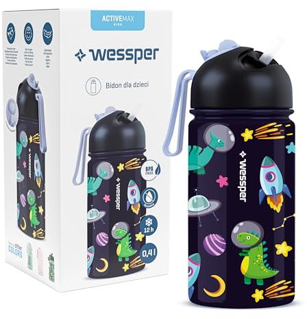 Wessper Trinkflasche Kinder, Edelstahl Flasche 410 ml BPA FREE, Mundstück mit Schlauch, Wasserflasche Leicht und Einfach zu Bedienen, für Schule, Fahrrad, Ausflug - Weltraum Motiv