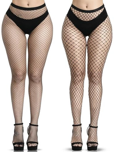 Clundoo Medias Rejilla Mujer, 2 Pares Mujeres Sexy Elástico Medias Medias Mujer, Cintura Alta Medias de Rejilla Pantimedias Elástico para Halloween Fiesta de Carnaval Negro