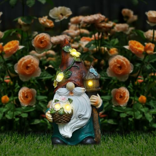 Lewondr Solar Gartenzwerg Gartendeko für Draußen, Wasserdicht Harz Zwerg Gartenfigur mit Blumenkorb, Skulptur Gartendekoration mit Warm Licht Geschenk für Rasen Hof Terrasse Veranda