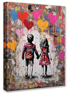 Tucocoo Moderne Wandkunst, Banksy, kleiner Junge und Mädchen, Graffiti, Liebe, Straßenkunst, Gemälde, 1 Stück, Leinwand, modernes Kunstwerk, Heimdekoration für Wohnzimmer, Holzrahmen, fertig zum