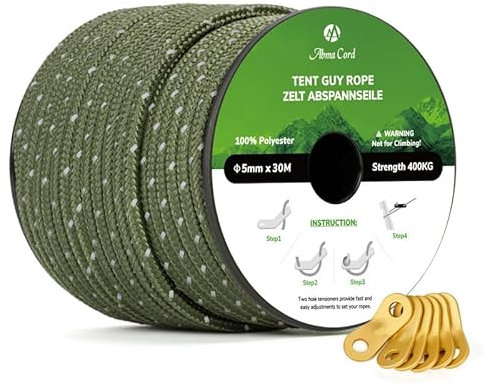 Abma Cord Abspannseile Zeltschnur mit 6 Stück Seilspanner 5mm 30M Zeltseil für Camping, Zelte, Sonnensegel, Vorzelt - Reflektierende Armee Grün